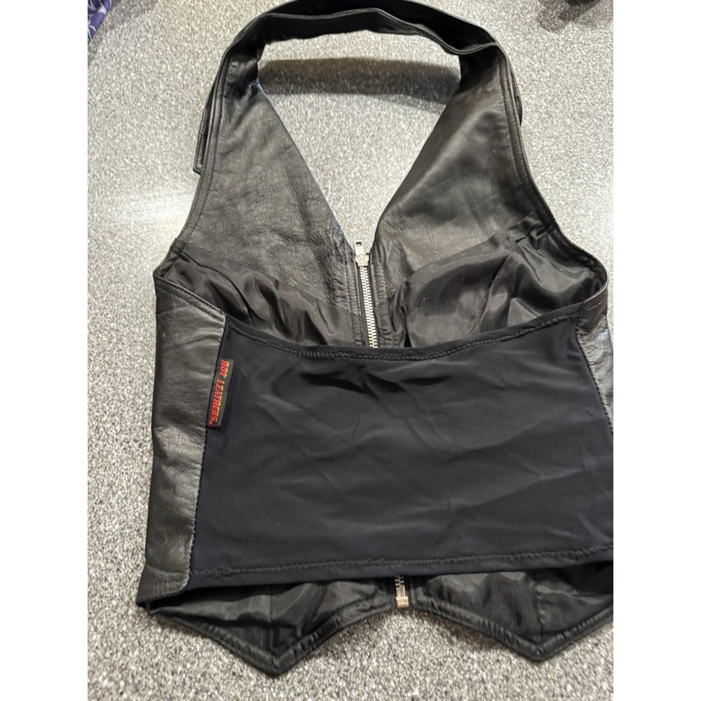 Hot Leathers Leather Halter Top Zip Front Biker Size S V Neck Women Black EUC - Picture 2 of 5